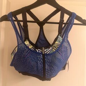 Victoria's Secret Blue Mesh Front-Zip Sports Bra with Patterned Lining